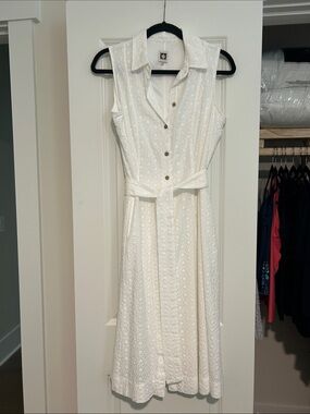 Anne Klein White Sleeveless Eyelet Shirtdress with Waist Tie